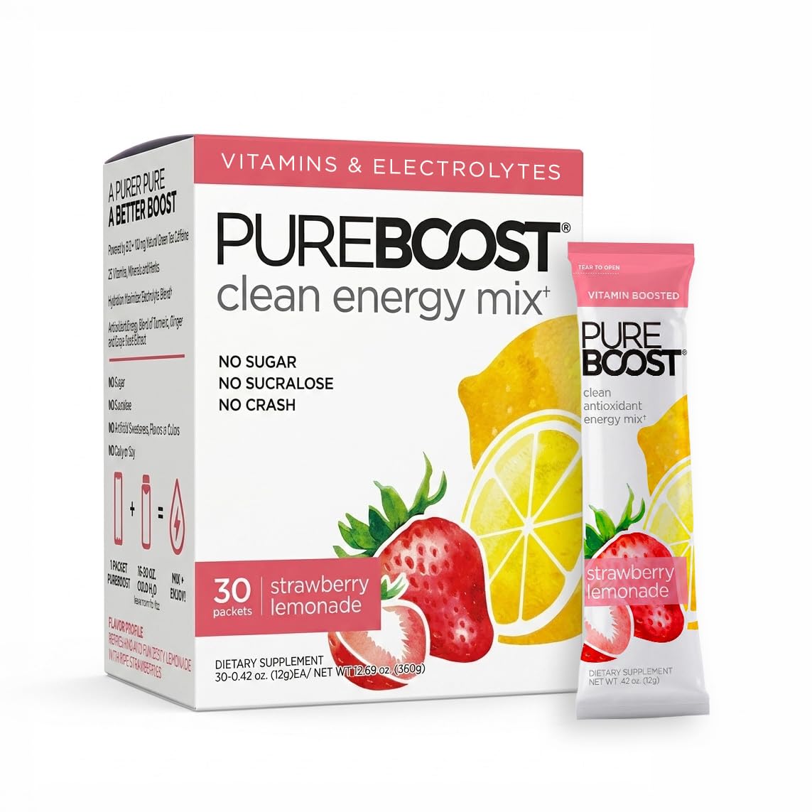 Pureboost Sugar-Free Clean Energy Booster Drink Mix, Combo Pack 30ct | Citrus, Berry & Acai. B12 vitamins, low sodium electrolytes & antioxidants. 25 vitamins and minerals. No sucralose.