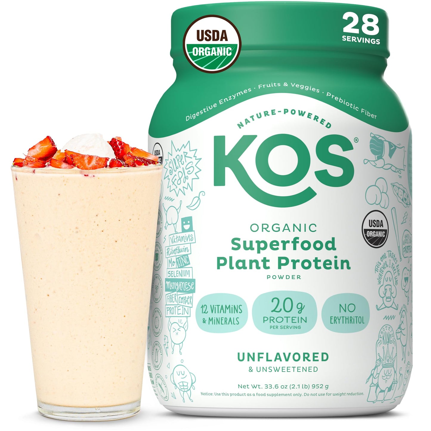 KOS Organic Vegan Protein Powder with 50mg Caffeine, Salted Caramel Coffee - Pea Protein Blend, Plant Based Superfood Rich in Vitamins & Minerals - Meal Replacement for Women & Men, 28 Servings