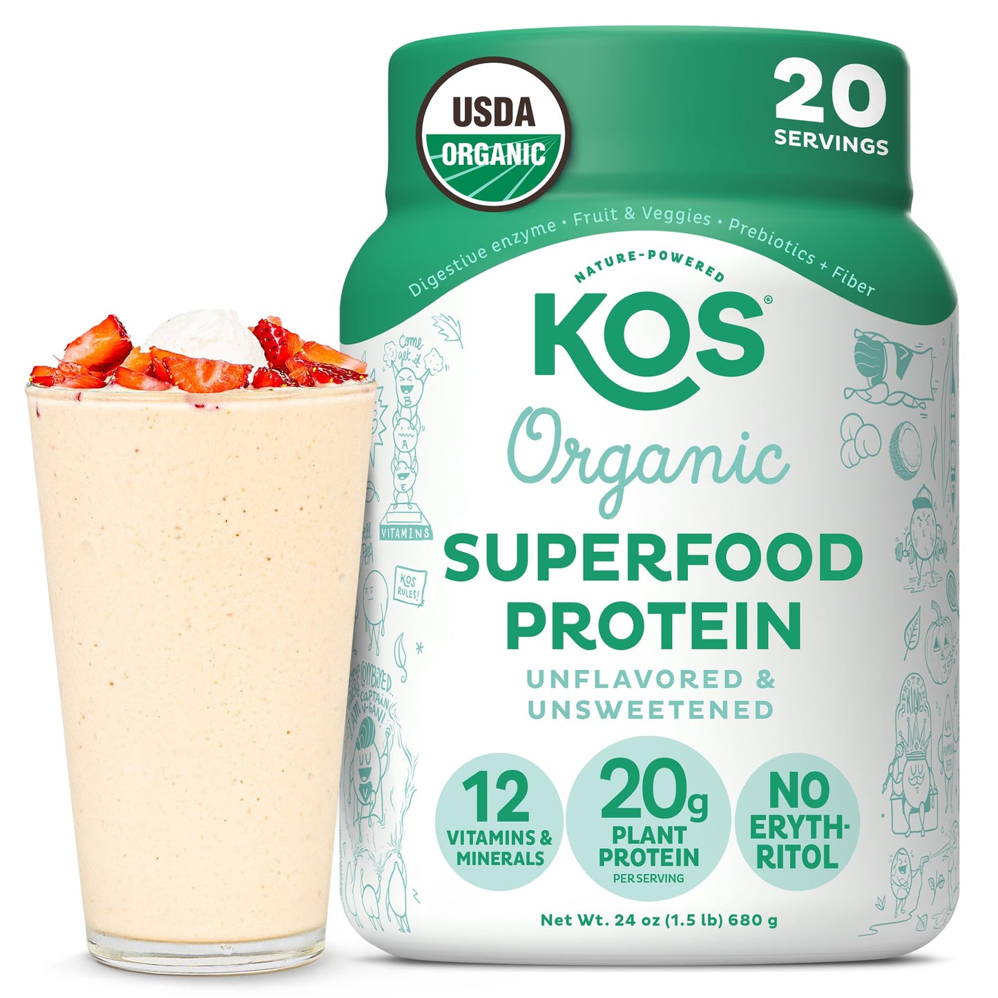 KOS Organic Vegan Protein Powder with 50mg Caffeine, Salted Caramel Coffee - Pea Protein Blend, Plant Based Superfood Rich in Vitamins & Minerals - Meal Replacement for Women & Men, 28 Servings