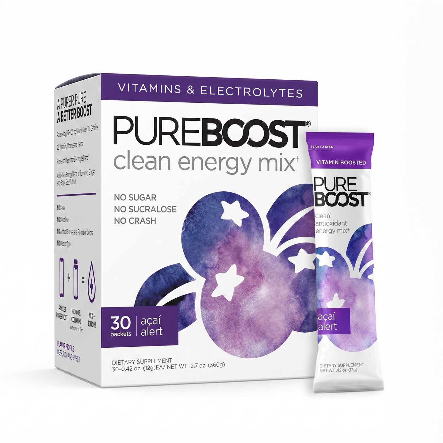 Pureboost Sugar-Free Clean Energy Booster Drink Mix, Combo Pack 30ct | Citrus, Berry & Acai. B12 vitamins, low sodium electrolytes & antioxidants. 25 vitamins and minerals. No sucralose.