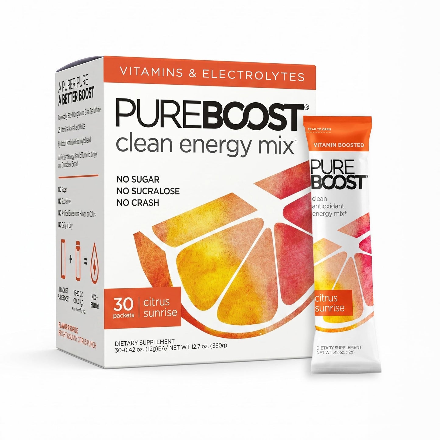 Pureboost Sugar-Free Clean Energy Booster Drink Mix, Combo Pack 30ct | Citrus, Berry & Acai. B12 vitamins, low sodium electrolytes & antioxidants. 25 vitamins and minerals. No sucralose.