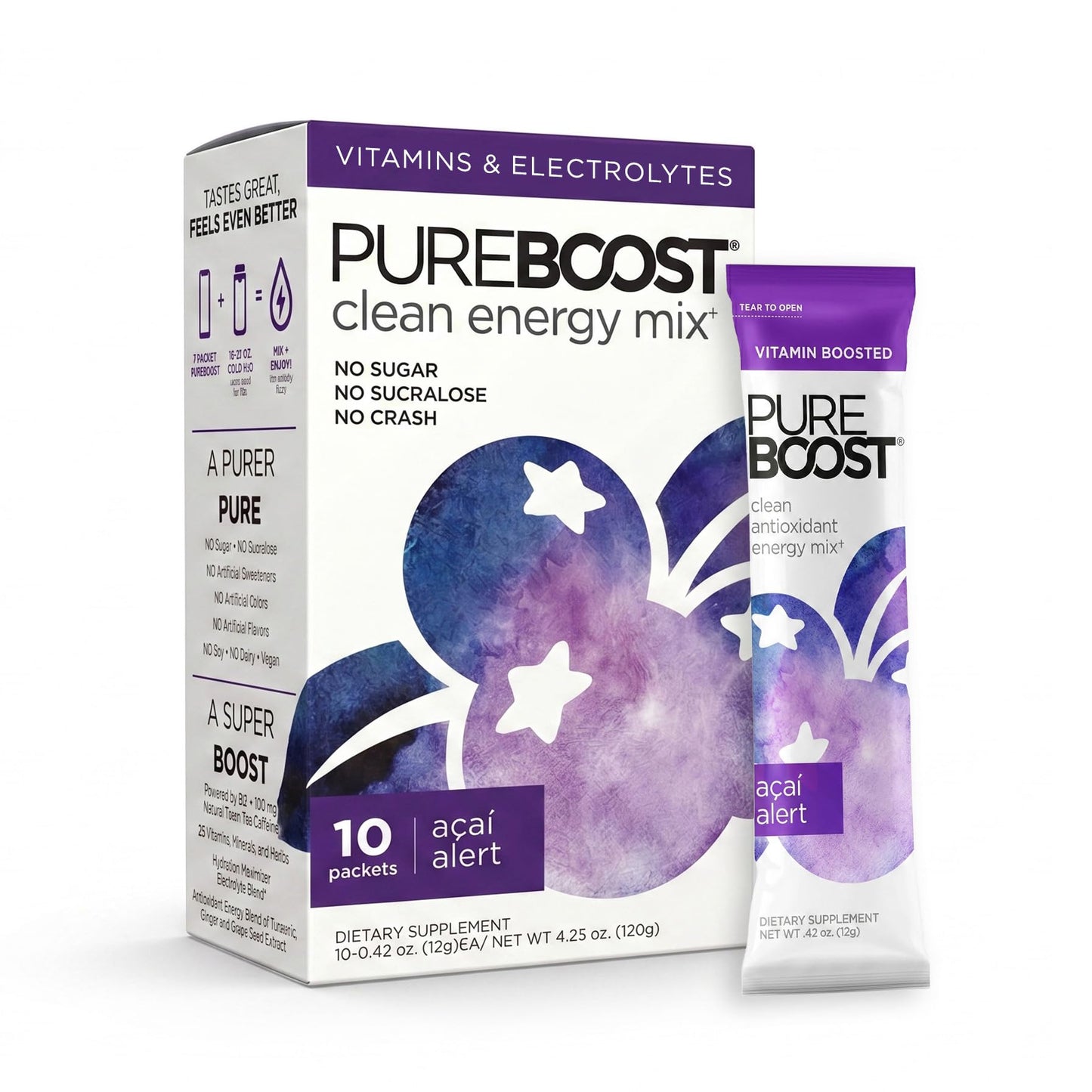 Pureboost Sugar-Free Clean Energy Booster Drink Mix, Combo Pack 30ct | Citrus, Berry & Acai. B12 vitamins, low sodium electrolytes & antioxidants. 25 vitamins and minerals. No sucralose.