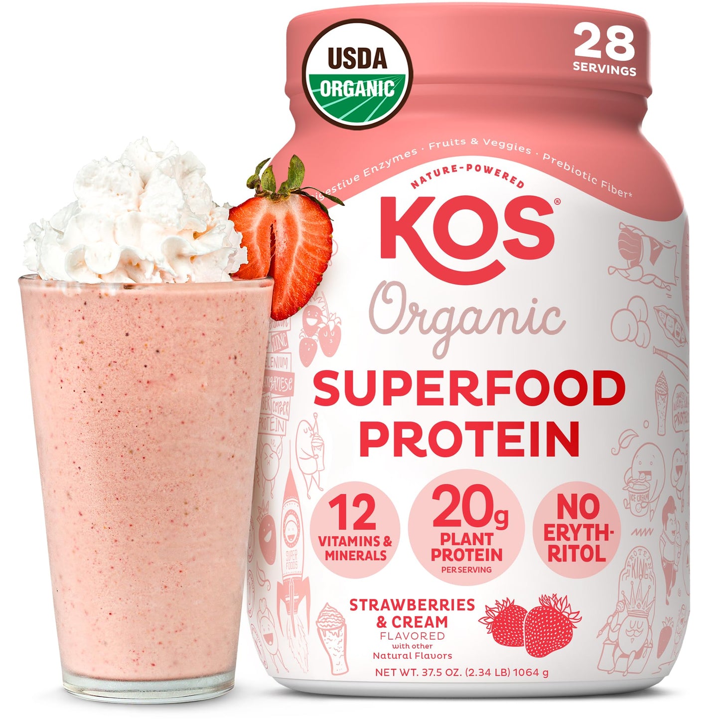 KOS Organic Vegan Protein Powder with 50mg Caffeine, Salted Caramel Coffee - Pea Protein Blend, Plant Based Superfood Rich in Vitamins & Minerals - Meal Replacement for Women & Men, 28 Servings