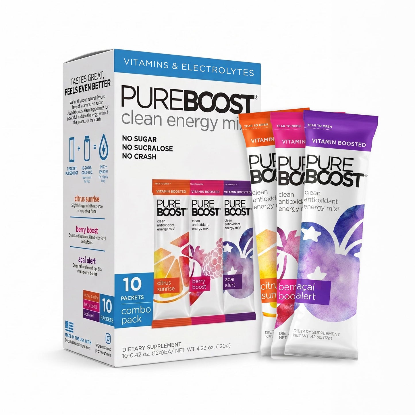 Pureboost Sugar-Free Clean Energy Booster Drink Mix, Combo Pack 30ct | Citrus, Berry & Acai. B12 vitamins, low sodium electrolytes & antioxidants. 25 vitamins and minerals. No sucralose.