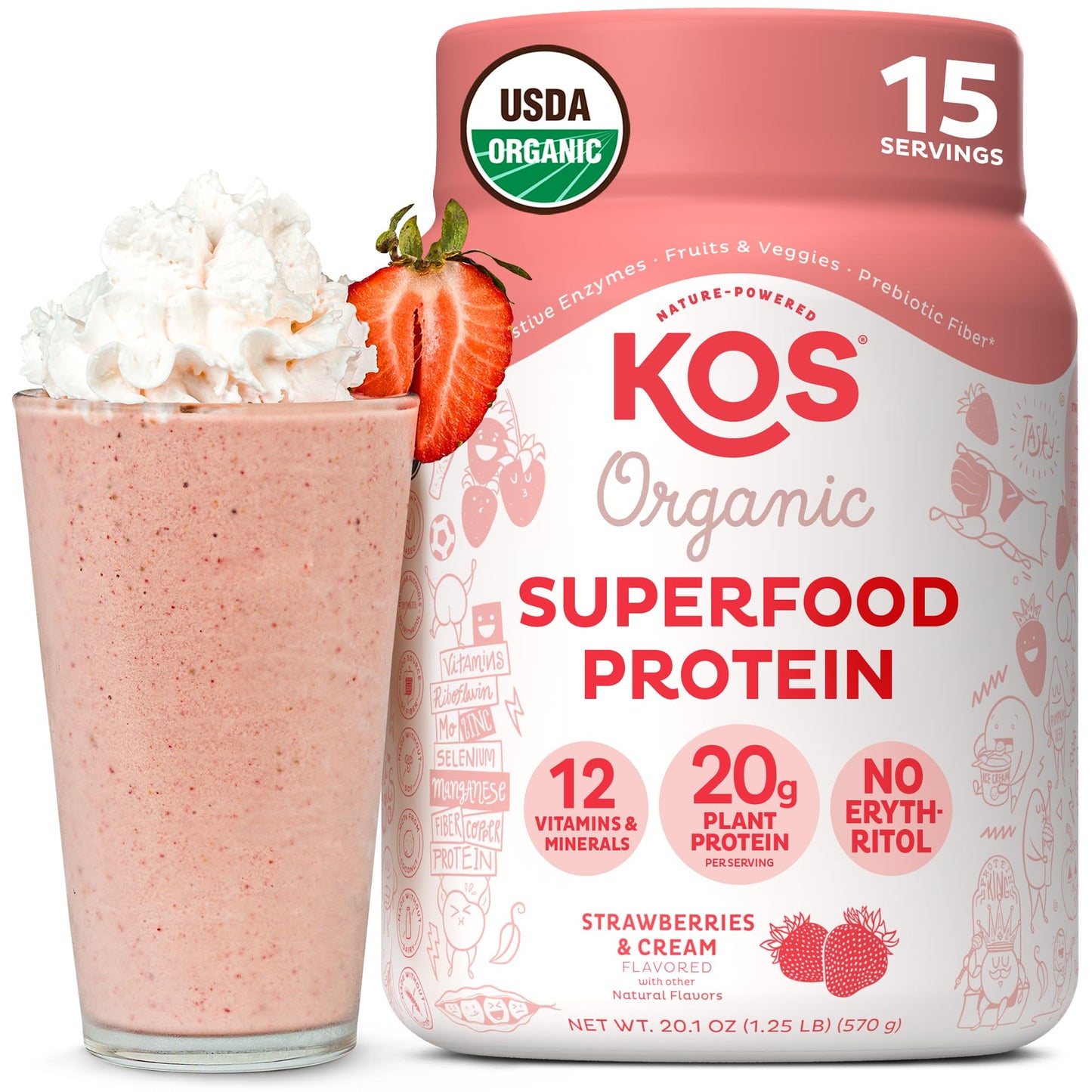 KOS Organic Vegan Protein Powder with 50mg Caffeine, Salted Caramel Coffee - Pea Protein Blend, Plant Based Superfood Rich in Vitamins & Minerals - Meal Replacement for Women & Men, 28 Servings