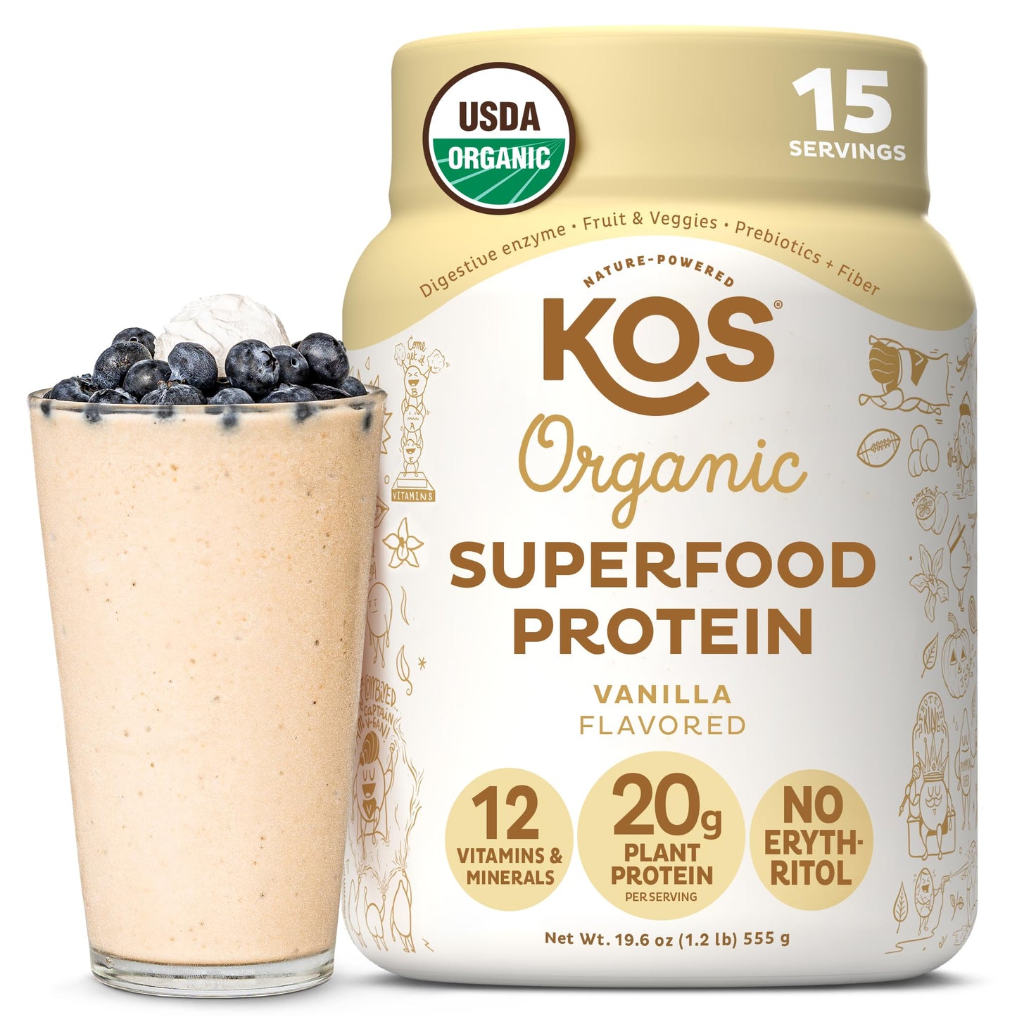 KOS Organic Vegan Protein Powder with 50mg Caffeine, Salted Caramel Coffee - Pea Protein Blend, Plant Based Superfood Rich in Vitamins & Minerals - Meal Replacement for Women & Men, 28 Servings