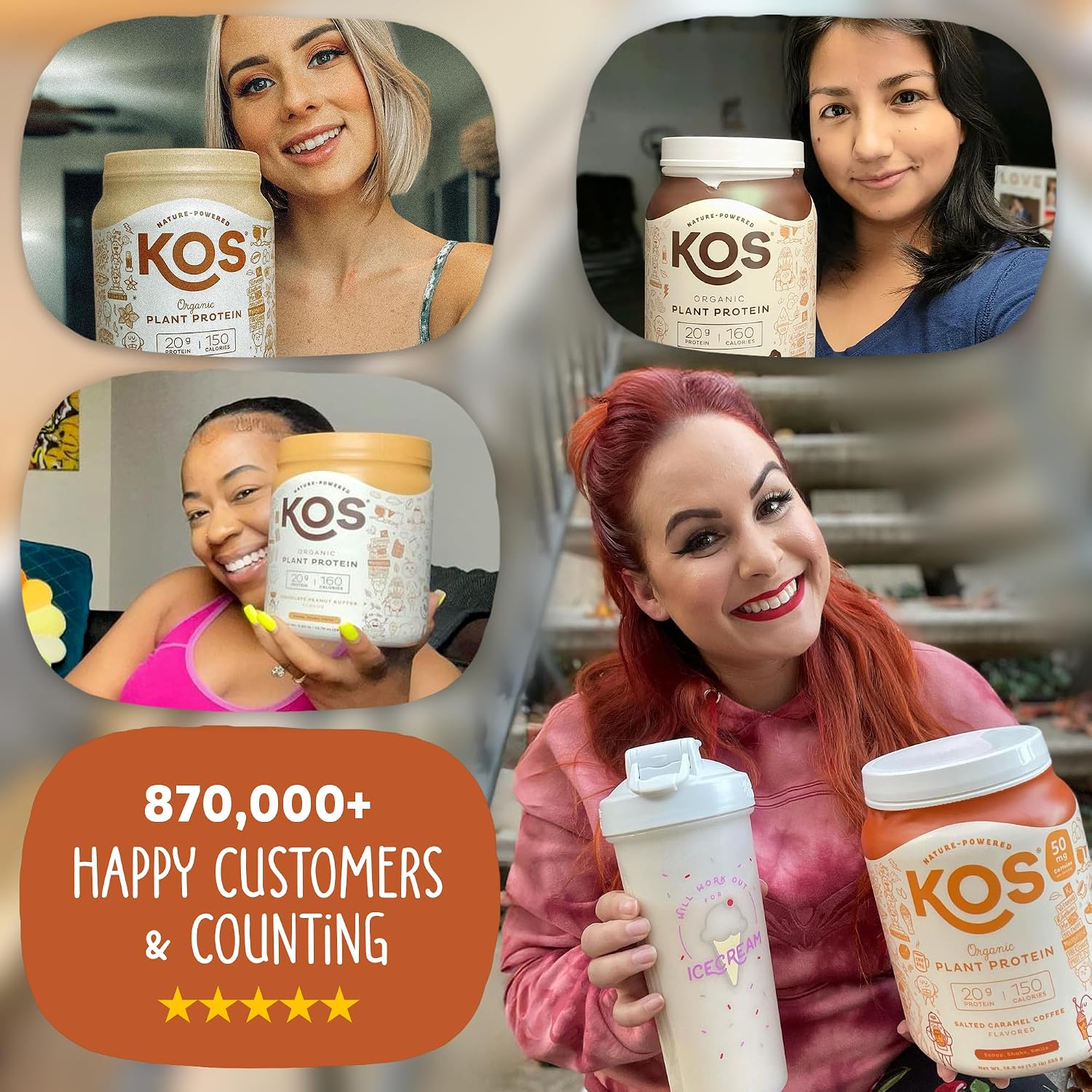 KOS Organic Vegan Protein Powder with 50mg Caffeine, Salted Caramel Coffee - Pea Protein Blend, Plant Based Superfood Rich in Vitamins & Minerals - Meal Replacement for Women & Men, 28 Servings