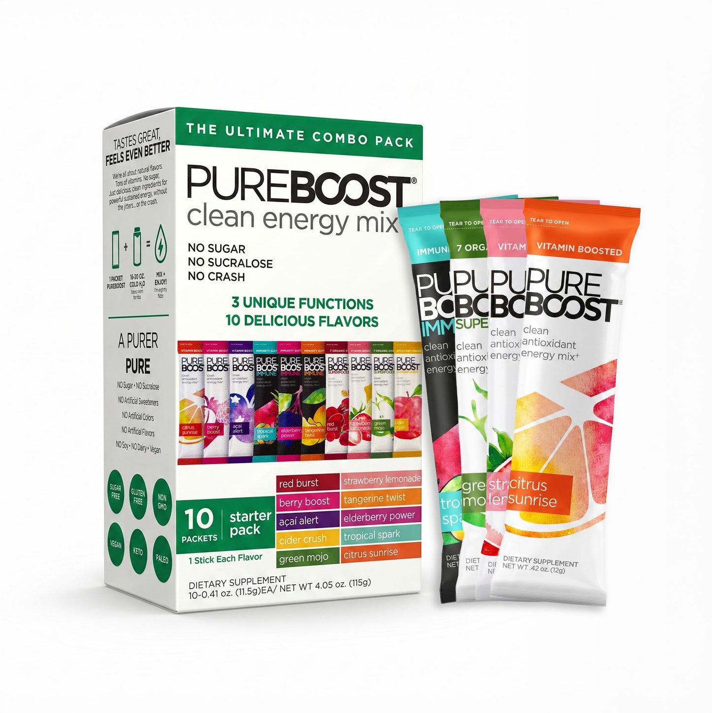 Pureboost Sugar-Free Clean Energy Booster Drink Mix, Combo Pack 30ct | Citrus, Berry & Acai. B12 vitamins, low sodium electrolytes & antioxidants. 25 vitamins and minerals. No sucralose.