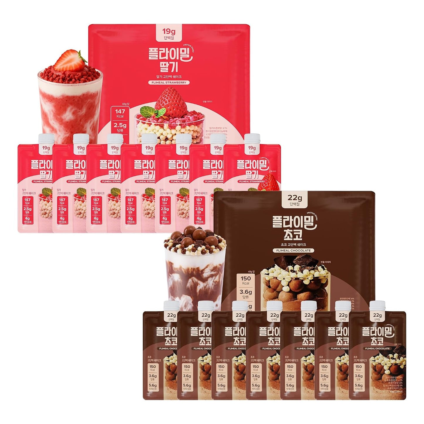 [Flimeal] Sweet Strawberry & Rich Chocolate Duo Protein Shake – Low Sugar, Keto-Friendly Meal Replacement Protein Powder (7 Servings x 2 Packs)
