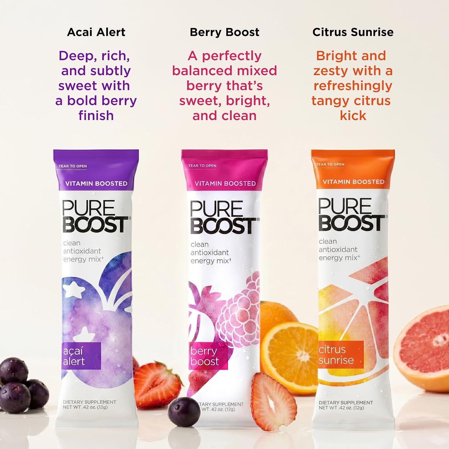 Pureboost Sugar-Free Clean Energy Booster Drink Mix, Combo Pack 30ct | Citrus, Berry & Acai. B12 vitamins, low sodium electrolytes & antioxidants. 25 vitamins and minerals. No sucralose.