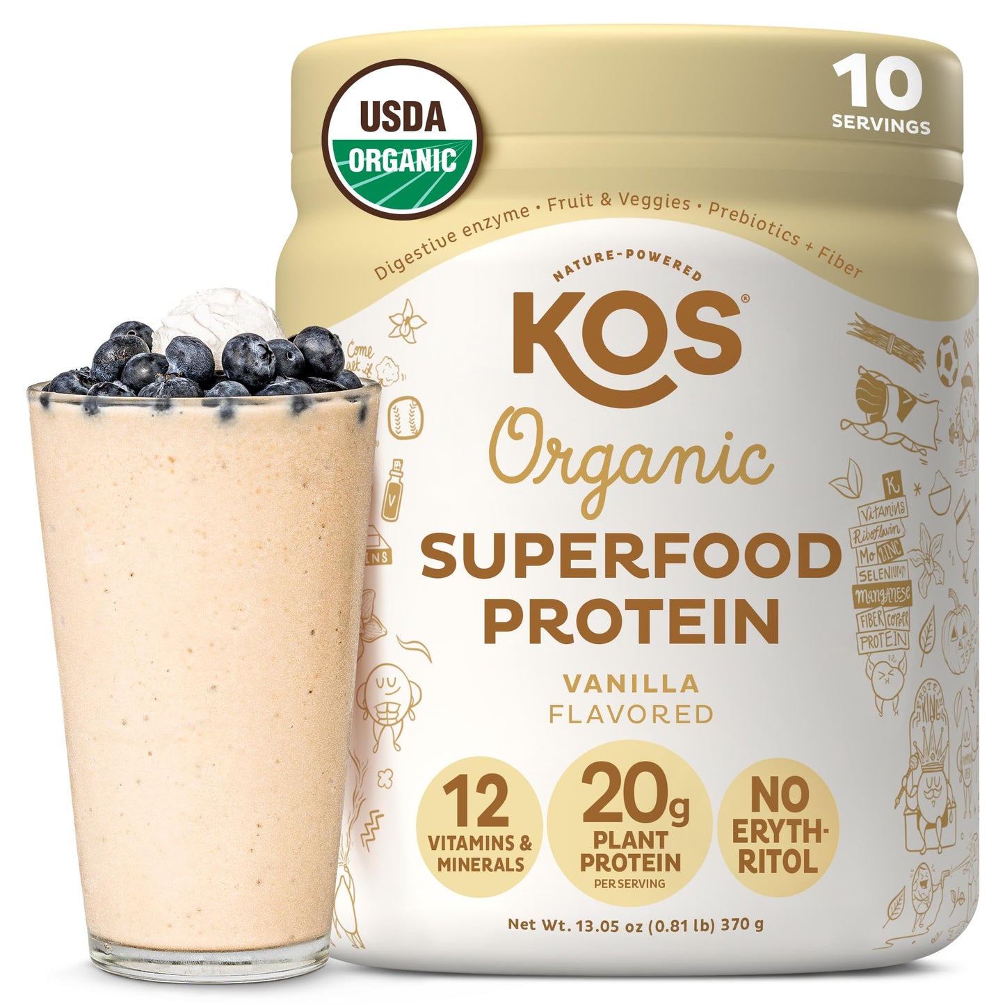 KOS Organic Vegan Protein Powder with 50mg Caffeine, Salted Caramel Coffee - Pea Protein Blend, Plant Based Superfood Rich in Vitamins & Minerals - Meal Replacement for Women & Men, 28 Servings