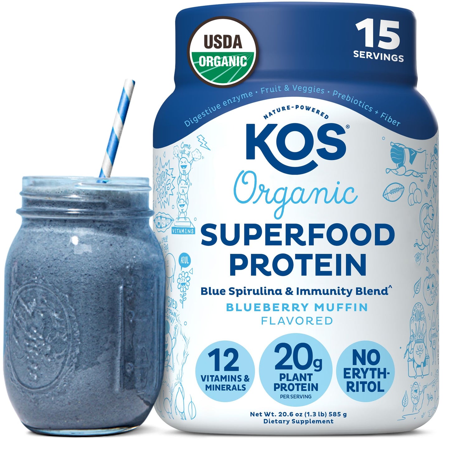 KOS Organic Vegan Protein Powder with 50mg Caffeine, Salted Caramel Coffee - Pea Protein Blend, Plant Based Superfood Rich in Vitamins & Minerals - Meal Replacement for Women & Men, 28 Servings