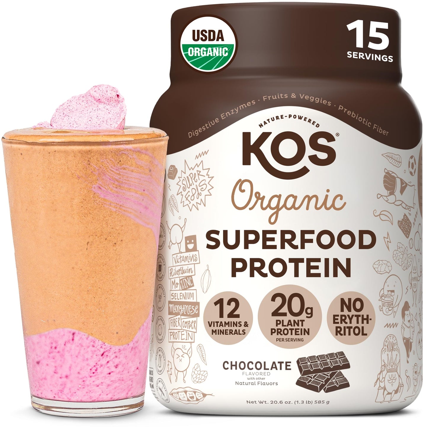 KOS Organic Vegan Protein Powder with 50mg Caffeine, Salted Caramel Coffee - Pea Protein Blend, Plant Based Superfood Rich in Vitamins & Minerals - Meal Replacement for Women & Men, 28 Servings