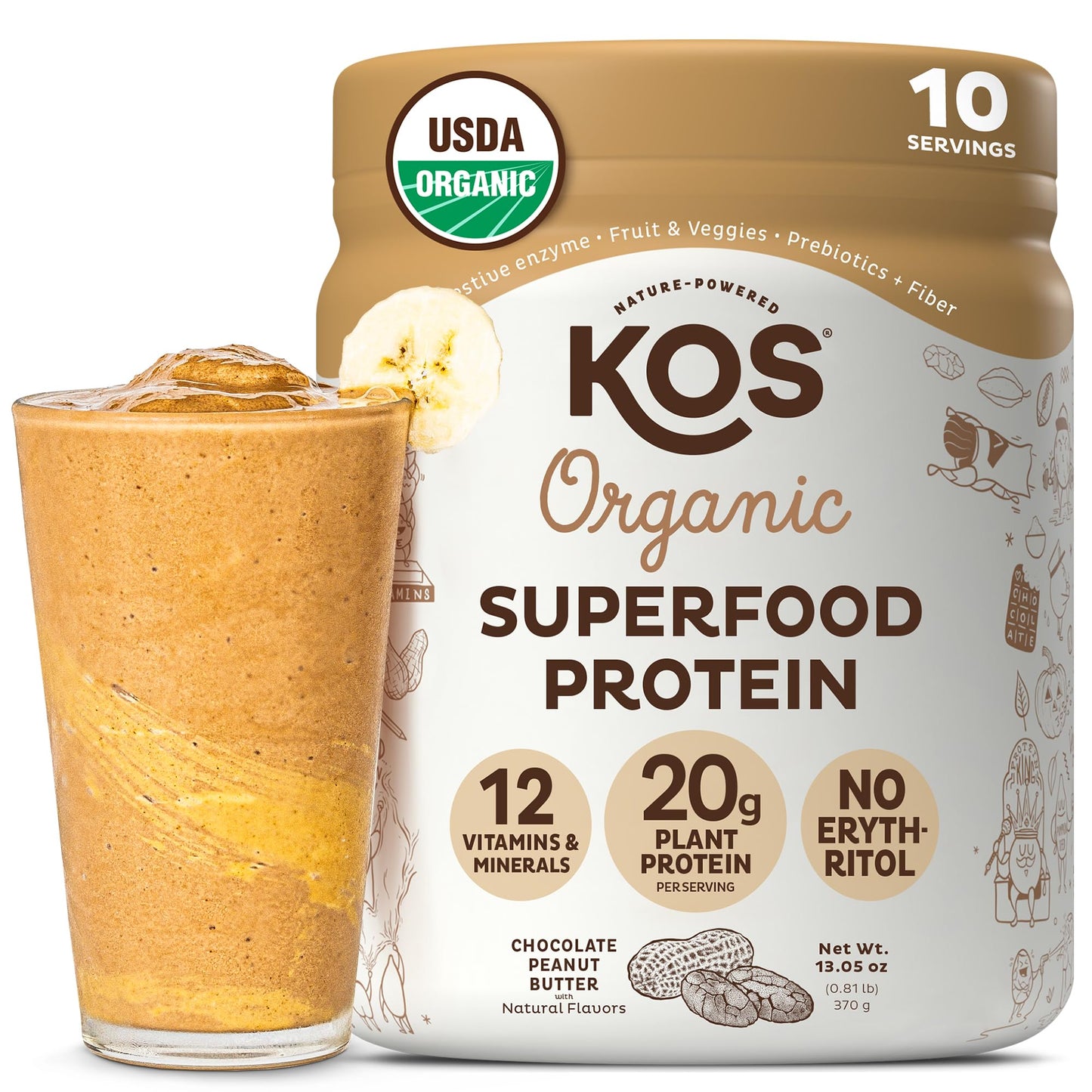 KOS Organic Vegan Protein Powder with 50mg Caffeine, Salted Caramel Coffee - Pea Protein Blend, Plant Based Superfood Rich in Vitamins & Minerals - Meal Replacement for Women & Men, 28 Servings
