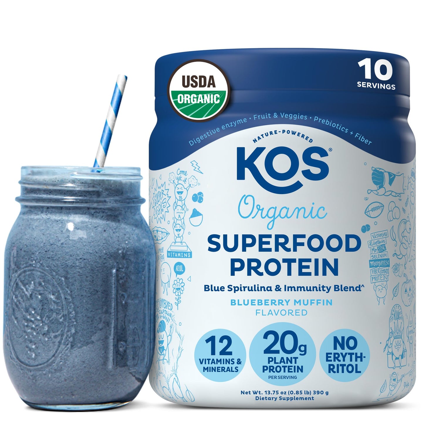KOS Organic Vegan Protein Powder with 50mg Caffeine, Salted Caramel Coffee - Pea Protein Blend, Plant Based Superfood Rich in Vitamins & Minerals - Meal Replacement for Women & Men, 28 Servings