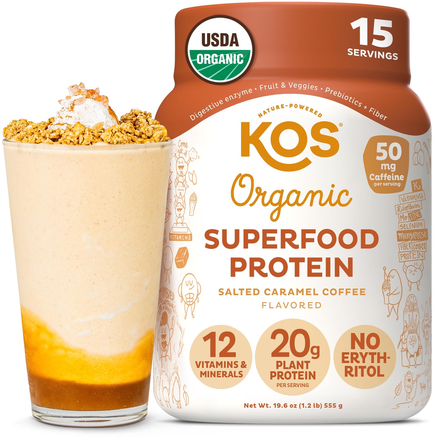 KOS Organic Vegan Protein Powder with 50mg Caffeine, Salted Caramel Coffee - Pea Protein Blend, Plant Based Superfood Rich in Vitamins & Minerals - Meal Replacement for Women & Men, 28 Servings