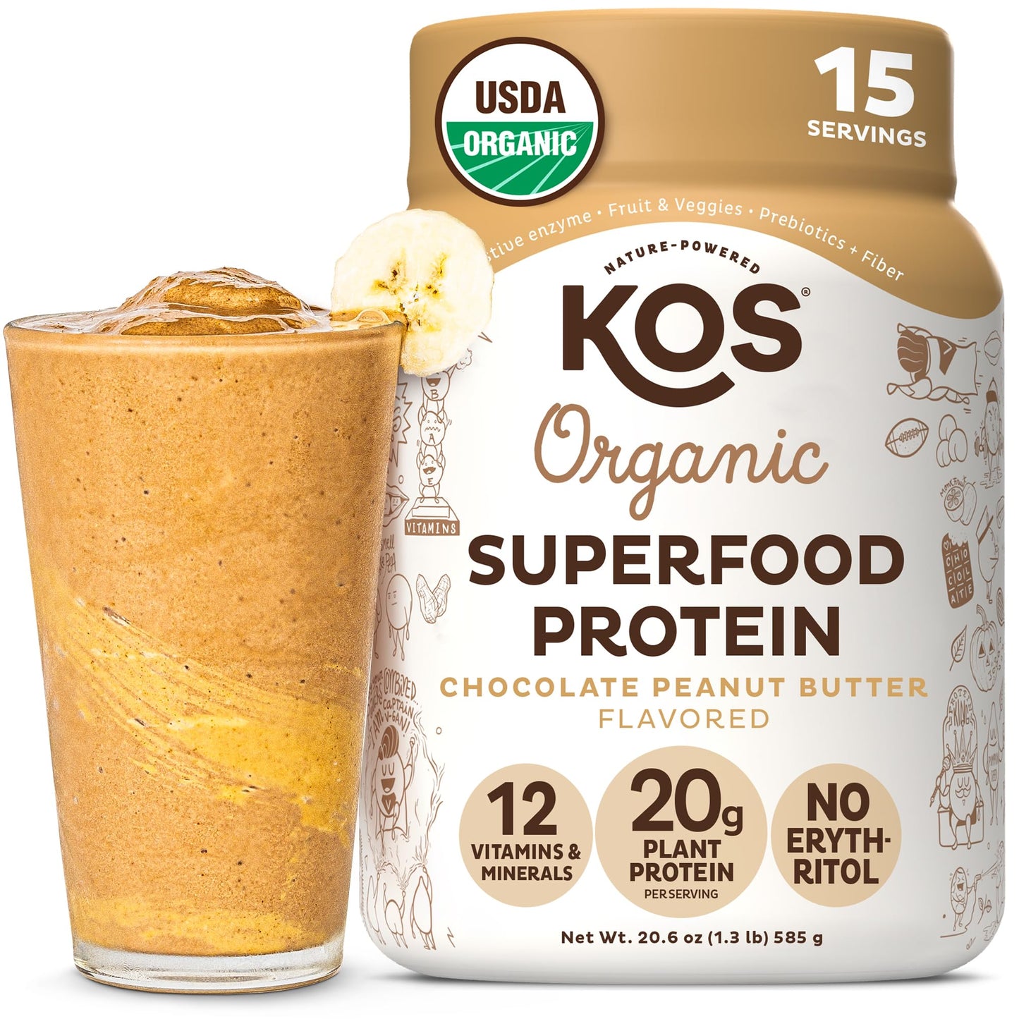 KOS Organic Vegan Protein Powder with 50mg Caffeine, Salted Caramel Coffee - Pea Protein Blend, Plant Based Superfood Rich in Vitamins & Minerals - Meal Replacement for Women & Men, 28 Servings