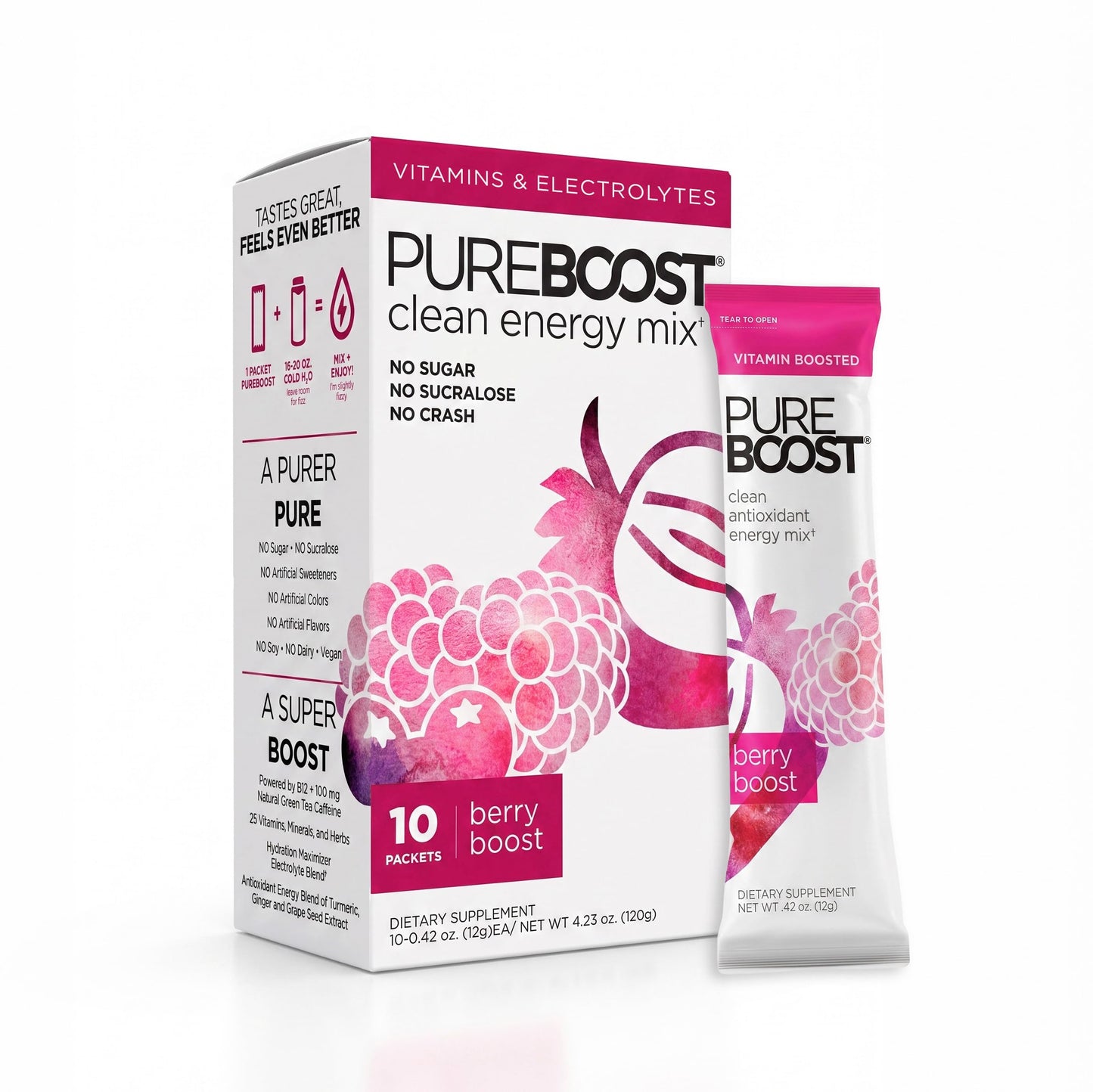 Pureboost Sugar-Free Clean Energy Booster Drink Mix, Combo Pack 30ct | Citrus, Berry & Acai. B12 vitamins, low sodium electrolytes & antioxidants. 25 vitamins and minerals. No sucralose.