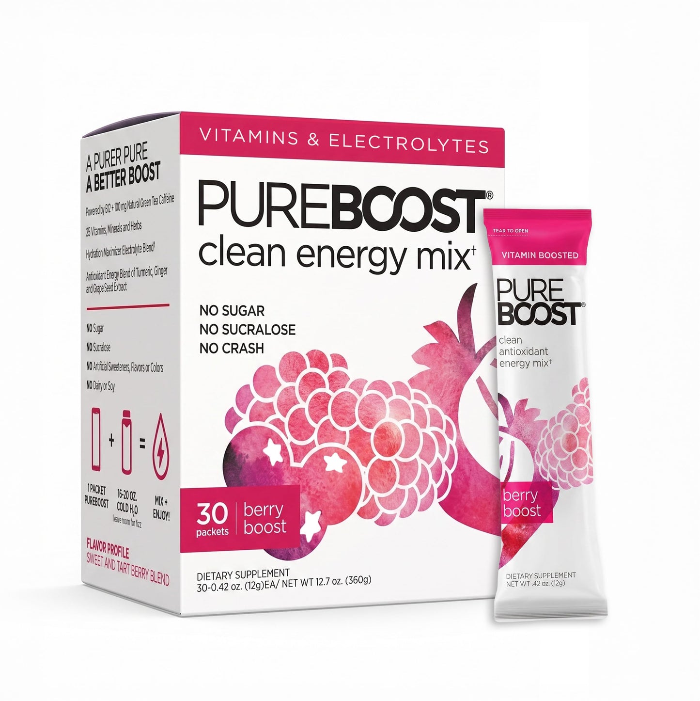Pureboost Sugar-Free Clean Energy Booster Drink Mix, Combo Pack 30ct | Citrus, Berry & Acai. B12 vitamins, low sodium electrolytes & antioxidants. 25 vitamins and minerals. No sucralose.