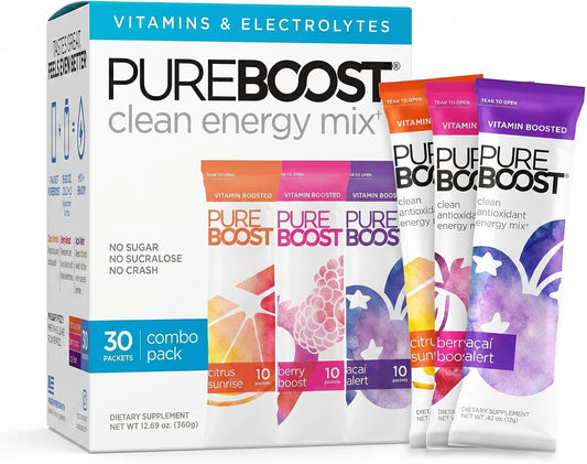 Pureboost Sugar-Free Clean Energy Booster Drink Mix, Combo Pack 30ct | Citrus, Berry & Acai. B12 vitamins, low sodium electrolytes & antioxidants. 25 vitamins and minerals. No sucralose.