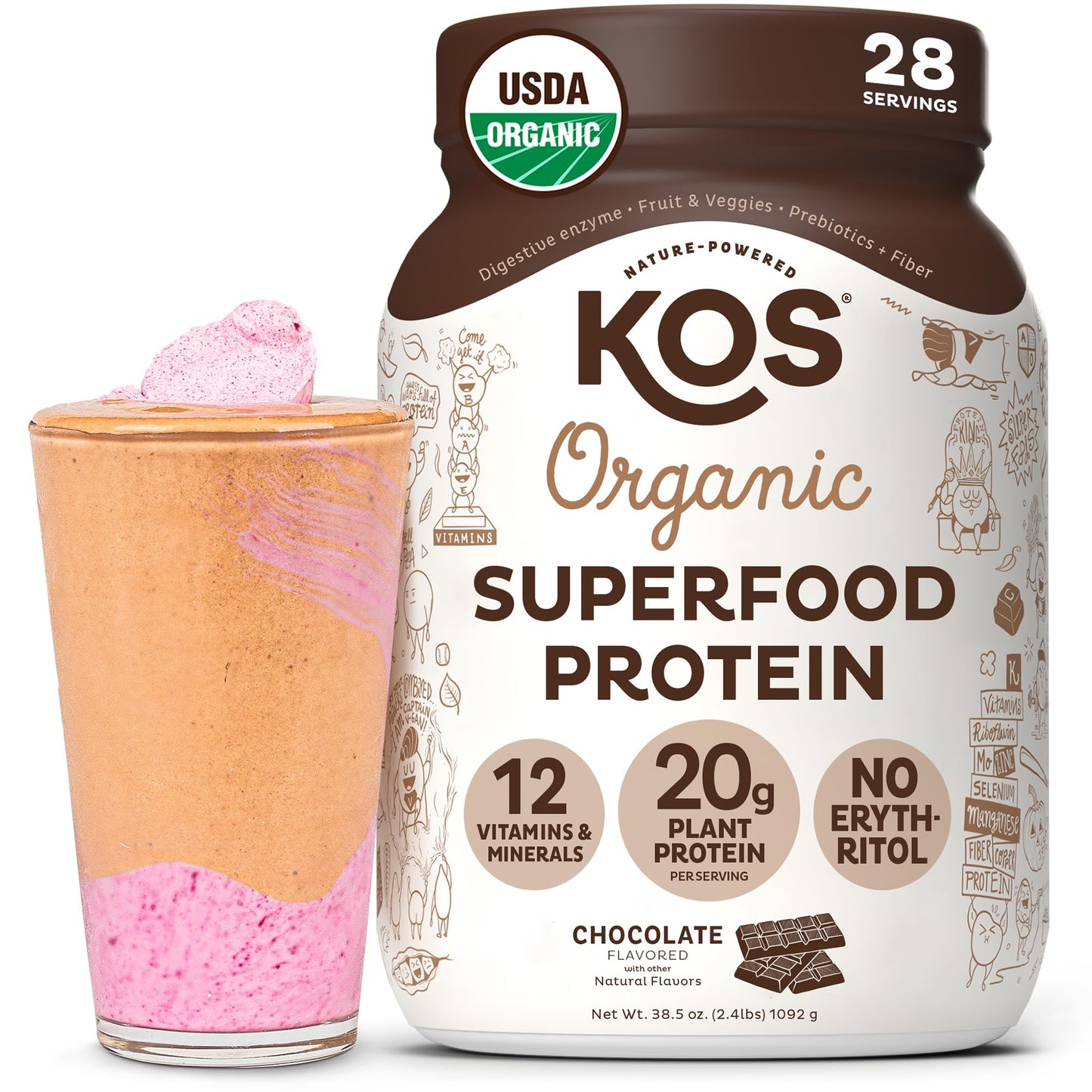 KOS Organic Vegan Protein Powder with 50mg Caffeine, Salted Caramel Coffee - Pea Protein Blend, Plant Based Superfood Rich in Vitamins & Minerals - Meal Replacement for Women & Men, 28 Servings