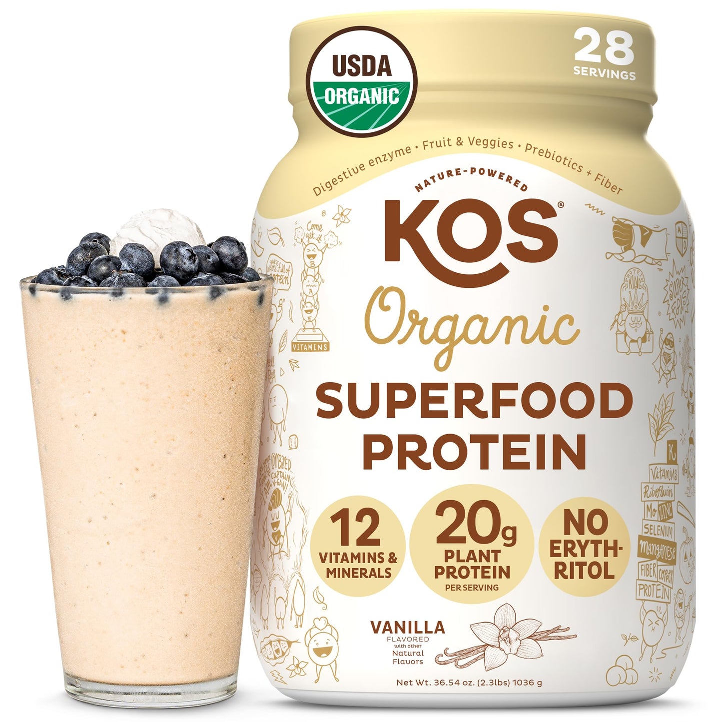 KOS Organic Vegan Protein Powder with 50mg Caffeine, Salted Caramel Coffee - Pea Protein Blend, Plant Based Superfood Rich in Vitamins & Minerals - Meal Replacement for Women & Men, 28 Servings