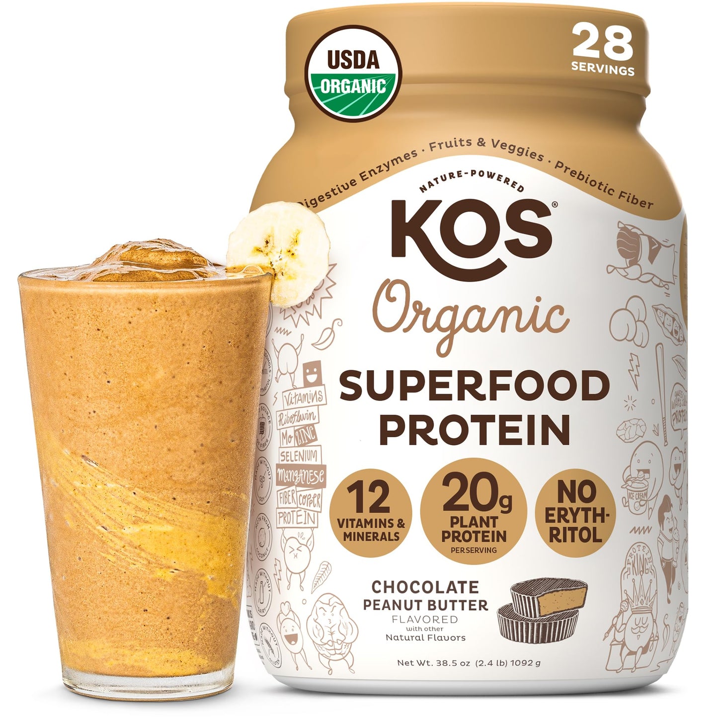 KOS Organic Vegan Protein Powder with 50mg Caffeine, Salted Caramel Coffee - Pea Protein Blend, Plant Based Superfood Rich in Vitamins & Minerals - Meal Replacement for Women & Men, 28 Servings